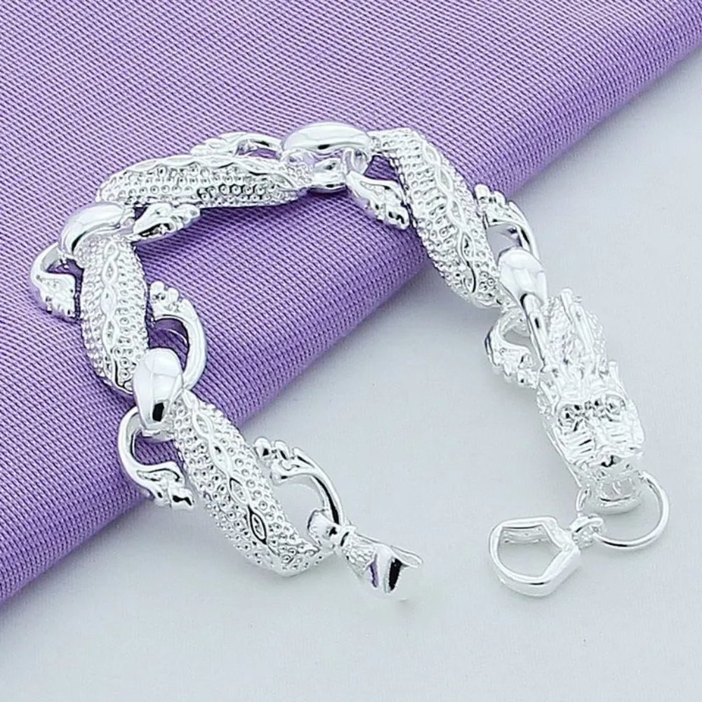 Stunning Full Big Dragon 8" Sterling Silver Stamped Bracelet - Picture 7 of 8